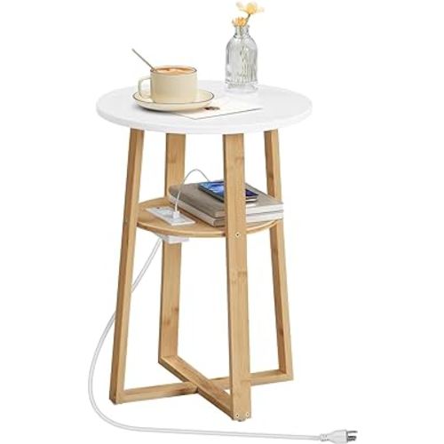 Round Side Table with Charging Station, Round Accent End Table with Bamboo Legs for Living Room, Bedroom, White and Natural YW101UBZ01