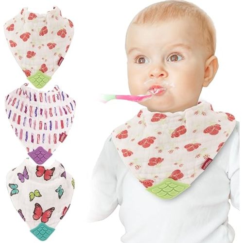 Nuby Reversible 100% Natural Cotton Muslin 3 Piece Teething Bib, Pink, Aqua, Purple, Flower, Butterfly, Stripes, Girl, 3 Count