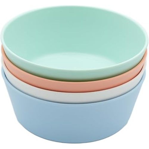 WeeSprout Bamboo Kids Bowls, Set of Four 10 oz Kid-Sized Bamboo Bowls, Dishwasher Safe Kid Bowls (Pastel Coral, Blue, Mint & Off White)