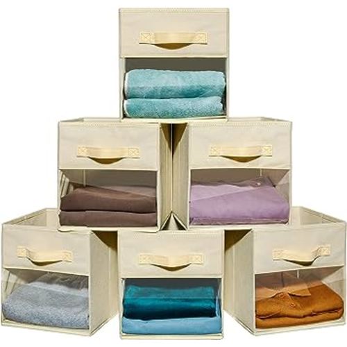 Vorshape 10.5x10.5x11 in 6pcs Cube Storage Bins/Boxes with Clear Window, 2 Sturdy Handles, Fabric Foldable Storage Baskets for Closet Shelf Organizer - Kids Room, Playroom, Furniture Units(Beige)
