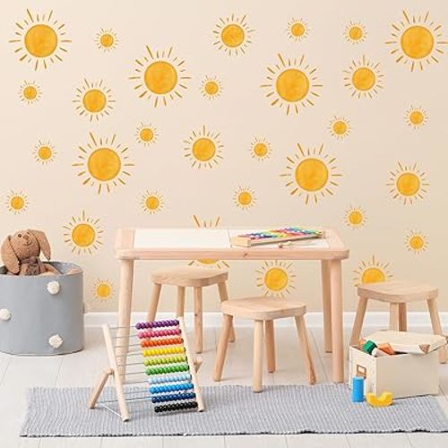 9 Sheet Boho Sun Wall Stickers Watercolor Sun Wall Decals Yellow Sunshine Removable Self-Adhesive Wall Decorations for Classroom Bedroom Play Room Office Home Art Living Room Decor