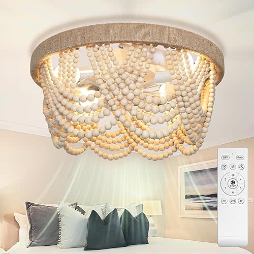 20" Boho Ceiling Fan with Light & Remote, Flush Mount Wood Beaded Fandelier Chandelier, 6-Speed/3 CCT/Bladeless/Quiet DC Motor/Low Profile, for Bedroom Living Room Hallway Patio Kitchen
