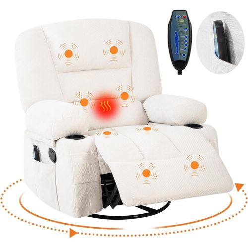 Oversized Swivel Recliner Chair w/360° Rotating Rocker with Heat & Vibration Massage, Cup Holders & Storage Pockets