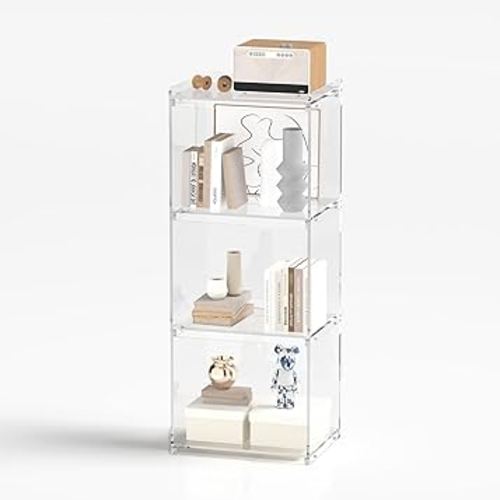 Acrylic Bookcase 39.5'' Tall Clear 4 Tier Bookshelf Display Freestanding Cube Storage Cabinet with Back Support for Living Room, Study, Bedroom, Transparent