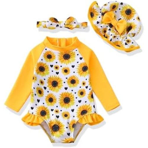 Baby Girl Swimsuit Long Sleeve One-Piece Swimwear with Hat Rash Guard Ruffle Floral Zipper Beach Infant Bathing Suit