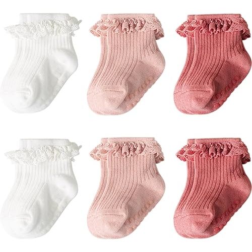 Baby Girl Toddlers Socks with Non-slip Grip Cute Frilly Ruffle Ankle Soft Cotton Newborn Baby Socks for Infant Kids