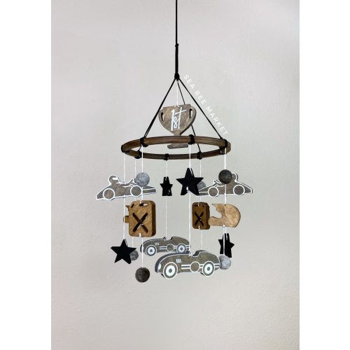 Race Car Mobile for Vintage Racing Themed Nursery - Grey Black and Brown Wooden Crib Mobile
