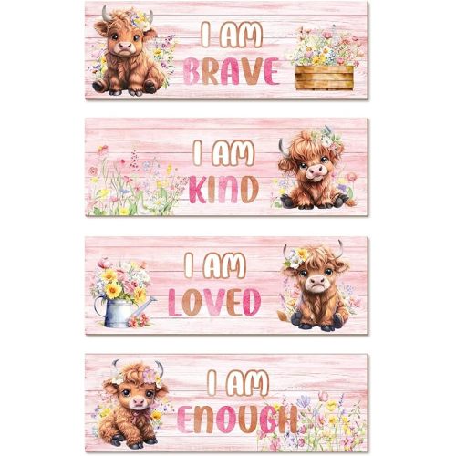4 Pcs Highland Cow Girls Bedroom Wall Decor Pink Cow Wall Art Wildflower Watercolor I Am Loved Wooden Decoration Inspirational Quote for Toddler Girl Nursery Room Hanging Decor
