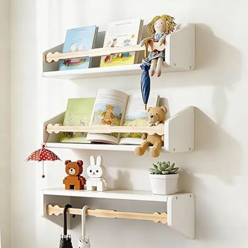 comfoyar Floating Nursery Book Shelf, Set of 3 Soild Wood Wall Bookshelf for Kids, Hanging Nursery Shelves and Spice Rack for Book Toy Storage, Decor for Bedroom Bathroom Kitchen, White Natural