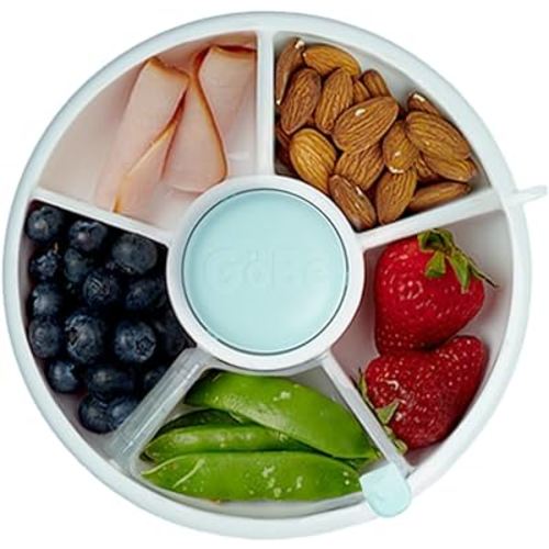 GoBe Kids Small Snack Spinner Flip Bundle with Hand Strap and Sticker Sheet - Reusable Snack Container with 5 Compartment Dispenser and Lid | BPA/PVC Free | Dishwasher Safe | No Spill- Macaron Blue