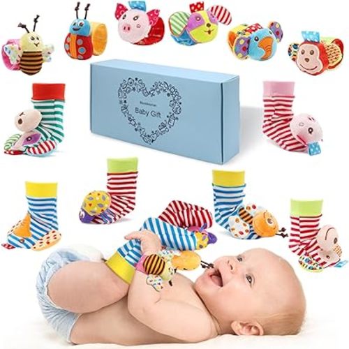 Bloobloomax Baby Soft Toy Foot Finder Socks Wrists Rattles - Ankle Leg Hand Arm Feet Rattle Toy Set- Newborn Present for Infant Toddler Boy Girl 0 3 6 9 12 24 36 Months