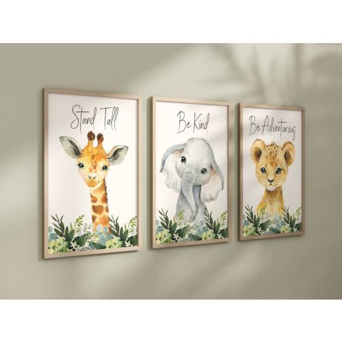 Set of 3 Safari Animal Nursery Prints, Jungle Animals, Greenery, Boy Nursery Wall Art, Shower Gift, Printed, 055