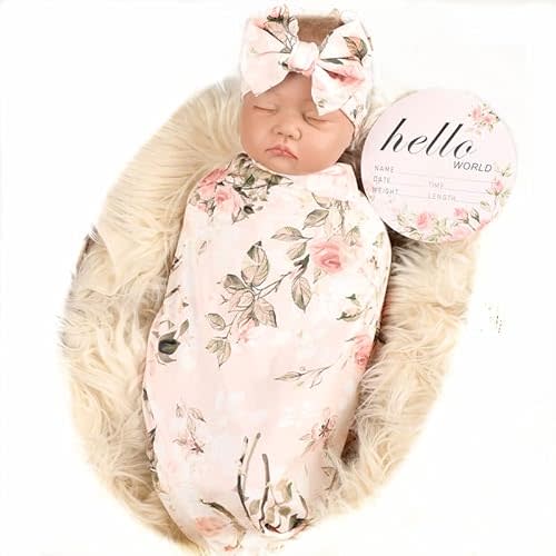 Galabloomer Newborn Receiving Blanket Headband Set Flower Print Baby Swaddle Receiving Blankets (Vintage)