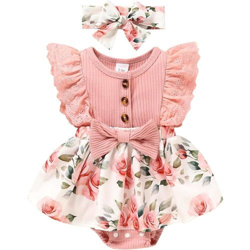 Baby Girl Clothes Newborn Ruffled Sleeveless Romper Floral Dreesy Bodysuit Heaedband 3pcs Baby Girl Summer Clothes