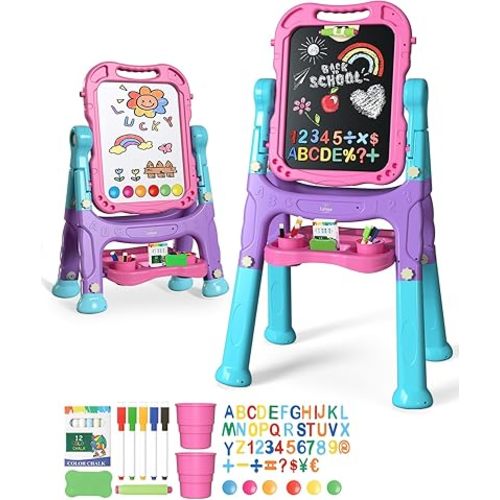 Lehoo Castle Easel for Kids, 4 in 1 Double Sided Kids Art Easel with Magnetic White Board & Chalk Board, Adjustable Standing Toddler Easel with Drawing & Writing Accessories (Blue, Purple, Pink)