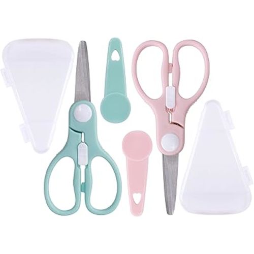 Baby Food Scissors Kicthen Shears -2-Pack Portable Healthy Cute Kids Scissors with Safety Lock and Storage Case - Ideal for Cutting Meat Chicken Vegetables and Fruits