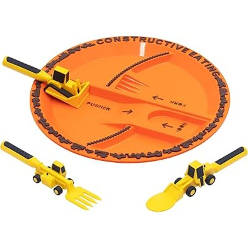 Constructive Eating Plate and Utensils Set - Made in USA - Toddler Dinnerware, Kids Dinnerware and Utensils Set for Ages 1-3, Toddler Utensils 2 and 3 Year Old, Divided Toddler Plates (Construction)
