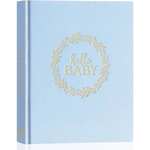 Lanpn Hello Baby Memory Book for Boy Girl - Linen Cover Baby Book Memories Keepsake for New Parents - Newborn Baby First 5 Year Journal Scrapbook Photo Album Baby Milestone Book (Blue, 154 Pages)