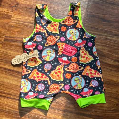 Alien Pizza Baby Romper: Handmade Space Outfit with UFO Print