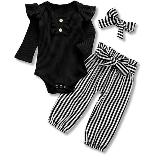 Kislio Newborn Baby Girls Clothes Ribbed Ruffled Romper+Floral Pants+Headband Infant Outfit Set