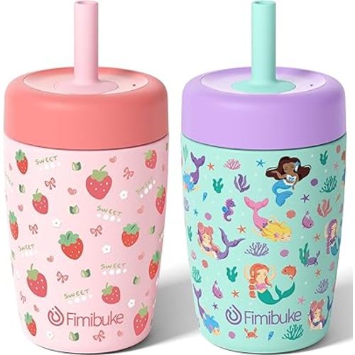 Fimibuke Kids & Toddler Cups Spill Proof, 12 OZ Insulated Sippy Cups for Toddlers Boys Girls, BPA-Free Toddler Straw Tumbler, Stainless Steel Kids Water Bottle with Twist Lids & Silicone Straw, 2 Pack