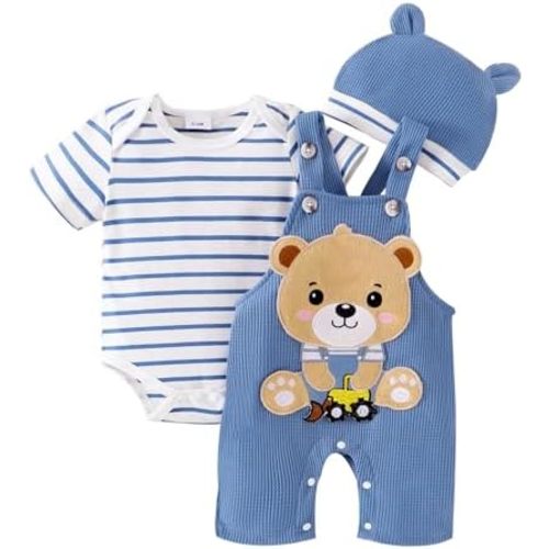 Baby Boy Clothes Short Sleeved Cute Cartoon Romper + Shorts + Hat Overalls Suspender for Boys 3 Pcs 0-18 Months