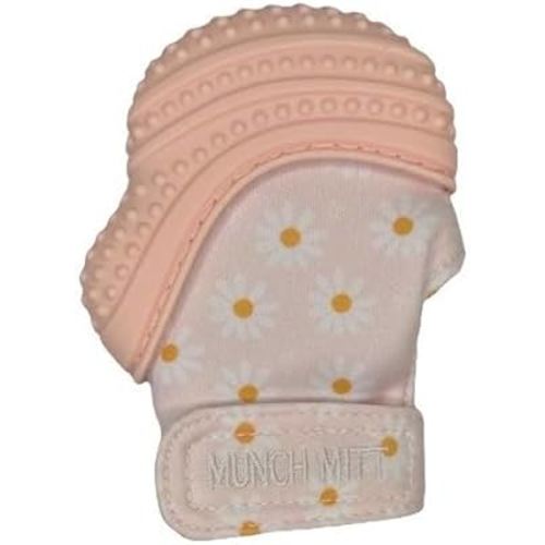 Malarkey Kids Baby Teething Mitten, Munch Mitt Baby Chew Toy - Protects Hands from Chewing & Saliva, Heals Aching Gums, Promotes Sound & Visual Stimulation for Babies Up to 1-Year-Old (Pink Daisies)
