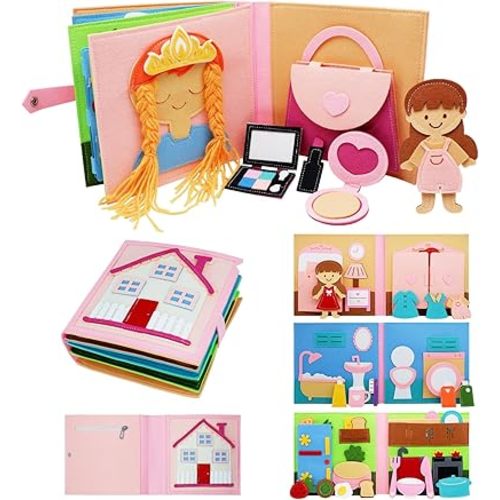 Montessori Felt Busy Book Toddlers Quite Book Preschool Early Learning Educational Travel Toys for Kids Age 3 4 5 6 Years Autism Sensory Cloth Book Daily House Activity Story Book Girls Gift