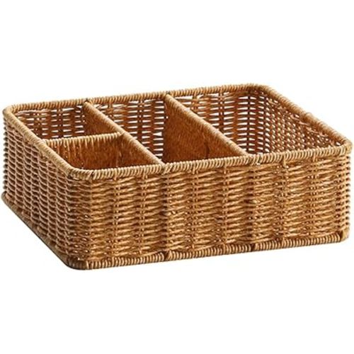 Wicker Divided Storage Basket, Rectangular Hand-woven Baskets Plastic Drawer Baskets Organizer for Organizing Cabinet Coffee Table Toilet Paper