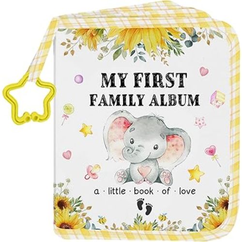 My First Family Soft Photo Album, Elephant Cloth Photo Book Memory Keepsake Shower, First Year Gift Pictures Holds for Newborn 5.5x7inches
