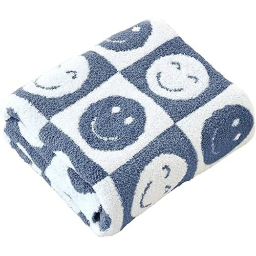 Ultra Soft Cozy Happy Smiling Face Checkered Knitted Baby Blanket Fluffy Microfiber Checkerboard Bed Blanket Lightweight Both Sides Blanket for Couch Sofa Bed (Smile Blue, Baby 30"x40")