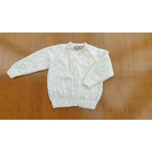 12-18 Months White Flecked Hand Knitted Baby Cardigan, white with a rainbow of coloured flecks