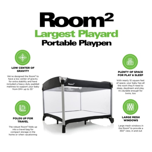 Joovy Room² Large Portable Playpen for Babies and Toddlers with Nearly 10 sq ft of Space, Large Mesh Windows for 360 View, and Waterproof Mattress Sheet - Folds Easily when Not in Use (Black)