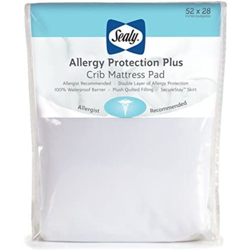Sealy Allergy Protection Plus Waterproof Fitted Toddler and Baby Crib Mattress Pad Cover Protector - 52" x 28" - White
