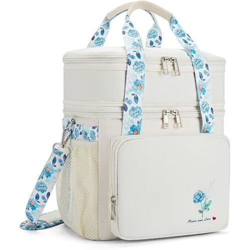 Lonchera aislada para mujer, con doble compartimento, impermeable, reutilizable, grande, bolsa enfriadora para mujer, bolsa enfriadora para trabajo, picnic, senderismo (16 L, flores blancas)