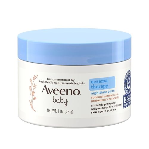 Aveeno Baby Eczema Therapy Nighttime Moisturizing Balm, Colloidal Oatmeal & Ceramide, Soothes & Relieves Dry, Itchy Skin from Eczema, Hypoallergenic, Fragrance-Free, Travel Size, 1 oz
