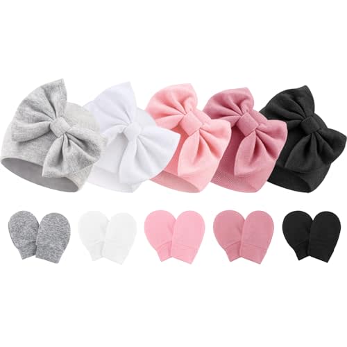 Newborn Baby Hats and Mittens Set Infant Bow Beanie Cap Toddler Gloves Newborn Hospital Hats for Baby Boy Girl 0-12 Months