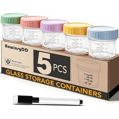 5 Pack Glass Baby Food Storage Containers, 4 oz Leakproof Baby Food Jars with Lids, Small Glass Food Containers for Infant Baby Food, Freezer & Microwave Safe, BPA Free