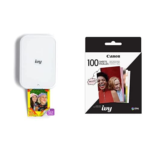 Canon IVY 2 Mini Photo Printer, Print from Compatible iOS & Android Devices, Sticky-Back Prints, Pure White + ZINK Photo Paper 100 Sheets Pack