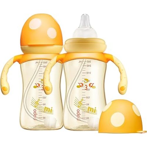 YOHKOH Natural PPSU Baby Bottle with Natural Response Nipple, Newborn Anti-Colic Baby Bottles with Handle, Wide Neck Mushroom Cap Baby Bottle (8.8oz (Pack of 2), Yellow1)