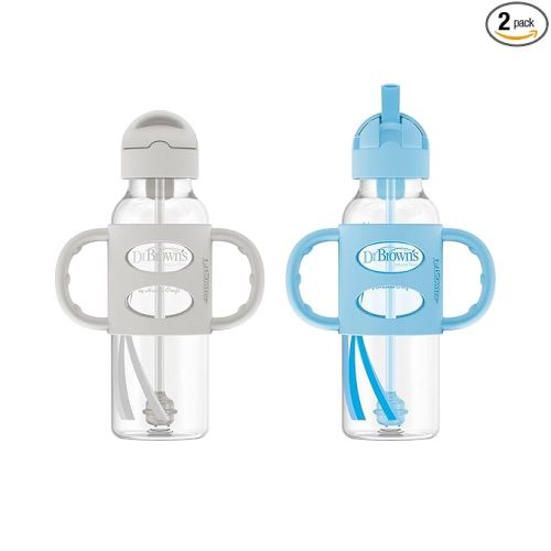 Dr. Brown's Milestones Narrow Sippy Straw Bottle, Spill-Proof with 100% Silicone Handles and Weighted Straw, 8 oz/250 mL, Gray & Blue, 6m+