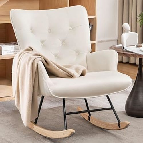 YSICK Rocking Chair for Nursery, Comfy Velvet Fabric Glider Rocker, Reading Chair with Support Seating and Side Pockets, Rocking Recliner Chair for Living Room, Bedroom, Balcony, Creamy Beige