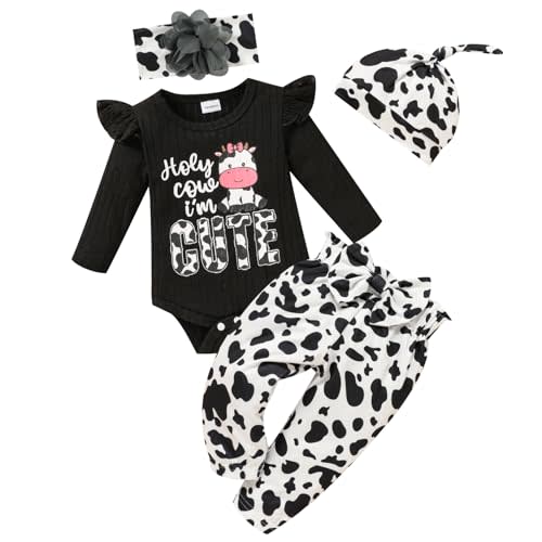 TITKKOP Newborn Baby Girls Clothes Ruffle Long Sleeve Romper Floral Pnats+Headband+Hat 4pcs Baby Girl Outfits