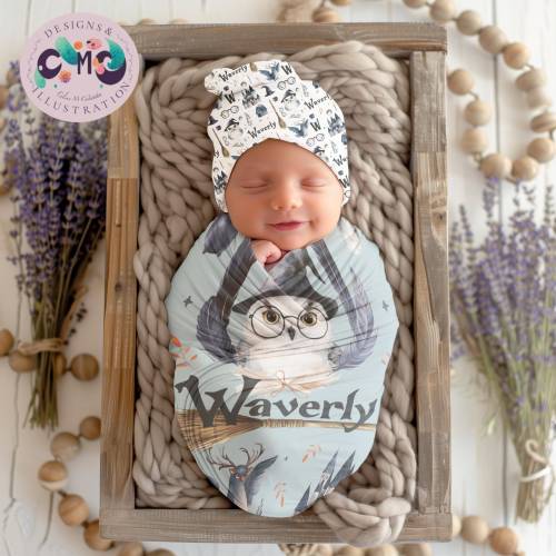 Custom Personalized Baby Magical Wizard Bedding Set - jersey swaddle blanket, crib sheet,pillow, changing pad, diaper bag