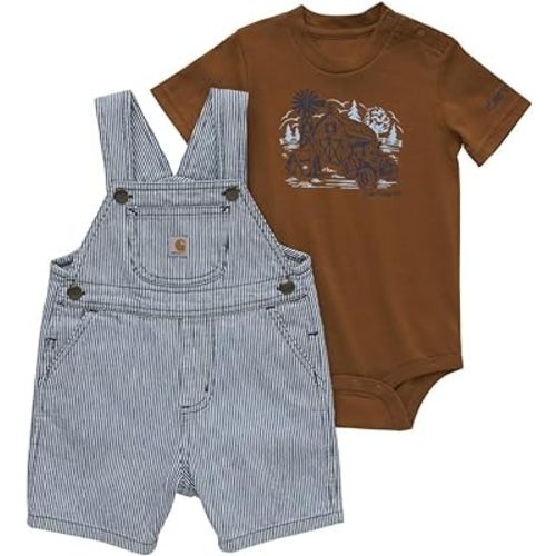 Carhartt Kid's CG8919 Short-Sleeve Bodysuit and Ticking Stripe Shortall Set - B - 18 Months - Dark Indigo Ticking Stripe