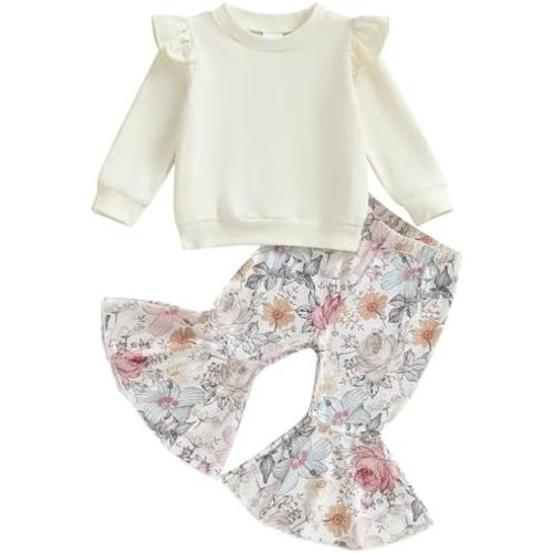 Mubineo Toddler Baby Girl Clothes Cute Outfits Long Sleeve Sweatshirt Tops Floral Bell Bottom Pant Fall Winter Outfit