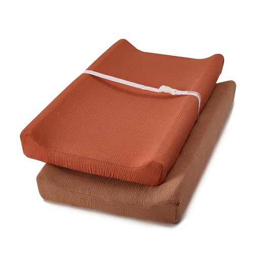 TILLYOU Muslin Changing Pad Cover for Girls Boys, Soft and Breathable Baby Diaper Changing Pad Cover, 2 Pack Caramel&Brown