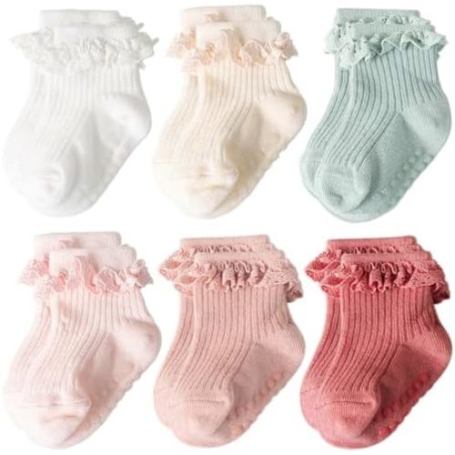 AQOKKA Baby Girl Toddlers Socks with Non-slip Grip Cute Frilly Ruffle Ankle Soft Cotton Newborn Baby Socks for Infant Kids