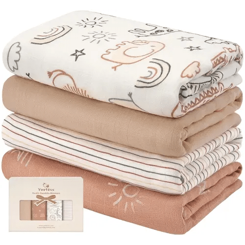 Yoofoss Muslin Swaddle Blankets, 4-Pack Receiving Blankets for Baby Boys and Girls, 47 x 47 Inches Baby Blanket Neutral Swaddle Wrap 70% Rayon from Bamboo and 30% Organic Cotton
