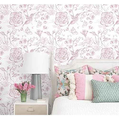 Yasinet Floral Peel and Stick Wallpaper Pink Floral Wallpaper Boho Pink Contact Paper for Bedroom/Cabinets Vintage Flower Warerproof Removable Self-Adhesive Wall Paper Vinly 17.3"×393''